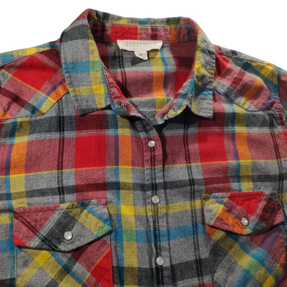 Love Stitch Western Flanel Shirt Pearl Snap Gray‎ Red Long Sleeves Womens Medium